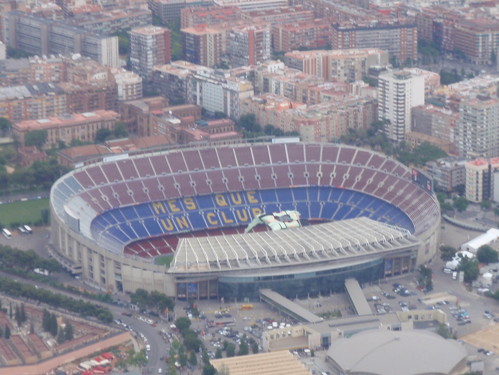 Aerial view of Camp Nou and the surrounding Barcelona blocks