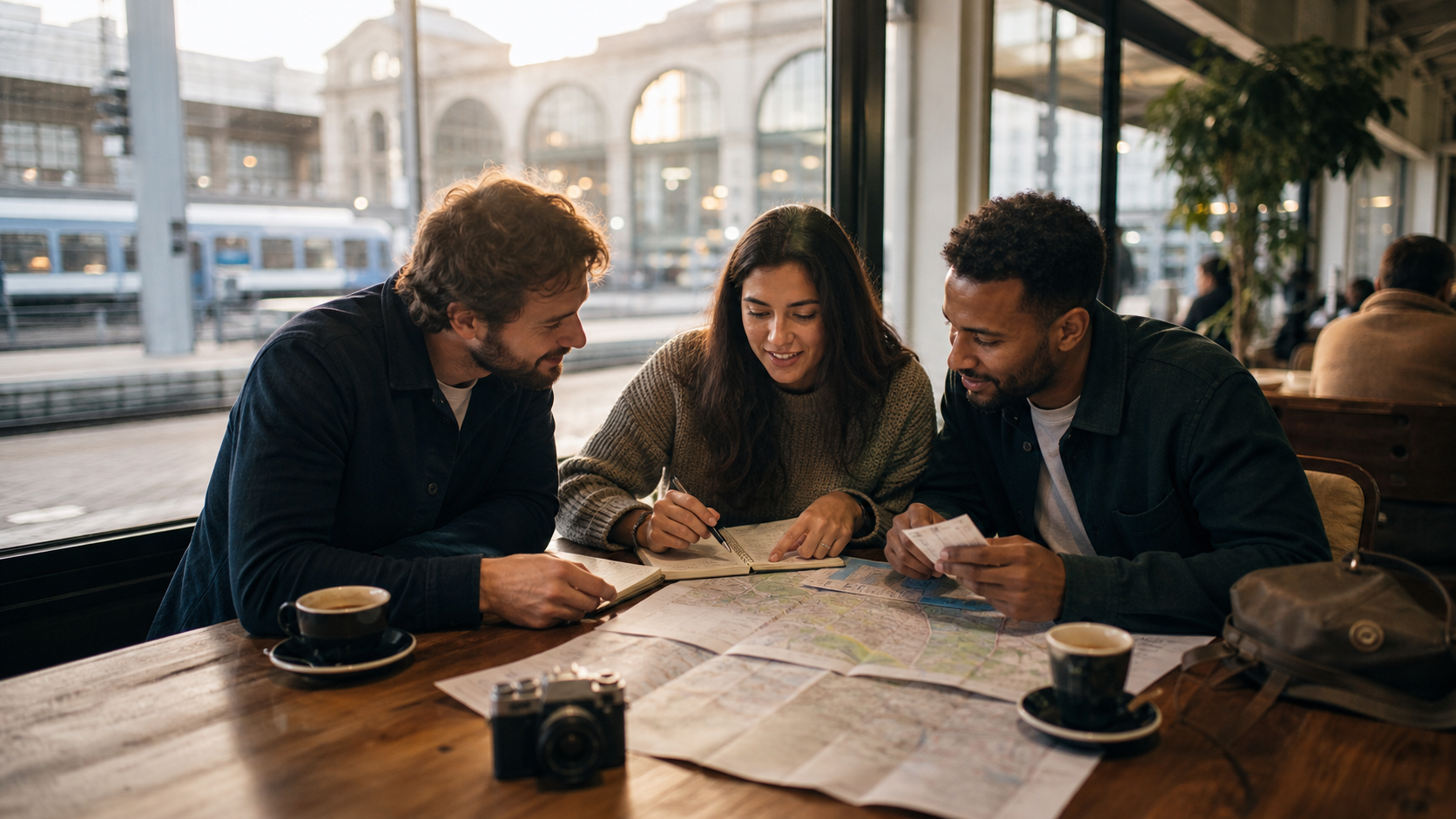 Three football supporters comparing a map and travel tickets at a station café