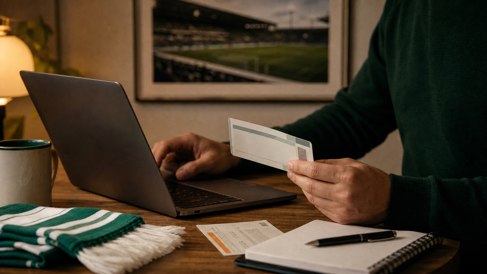 Supporter checking football ticket and travel details before booking