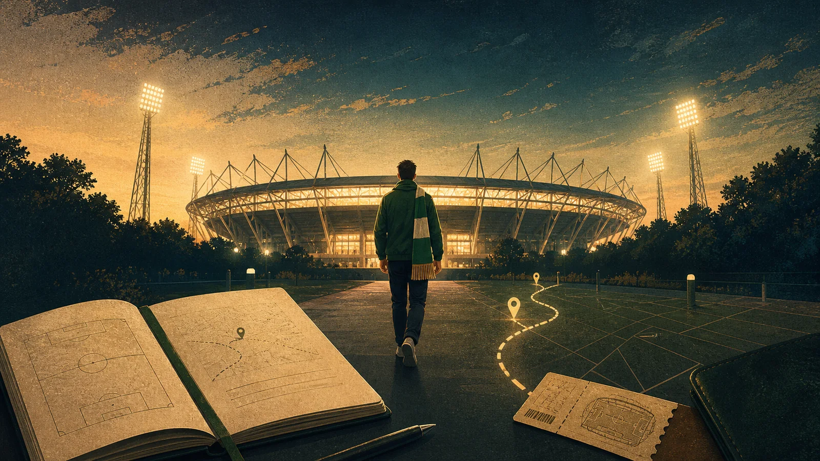 A supporter following a map-like route towards a floodlit football stadium at the start of a new season