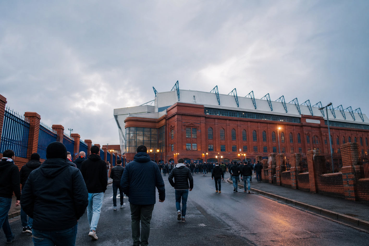 Supporters walking toward a European football stadium before an evening match
