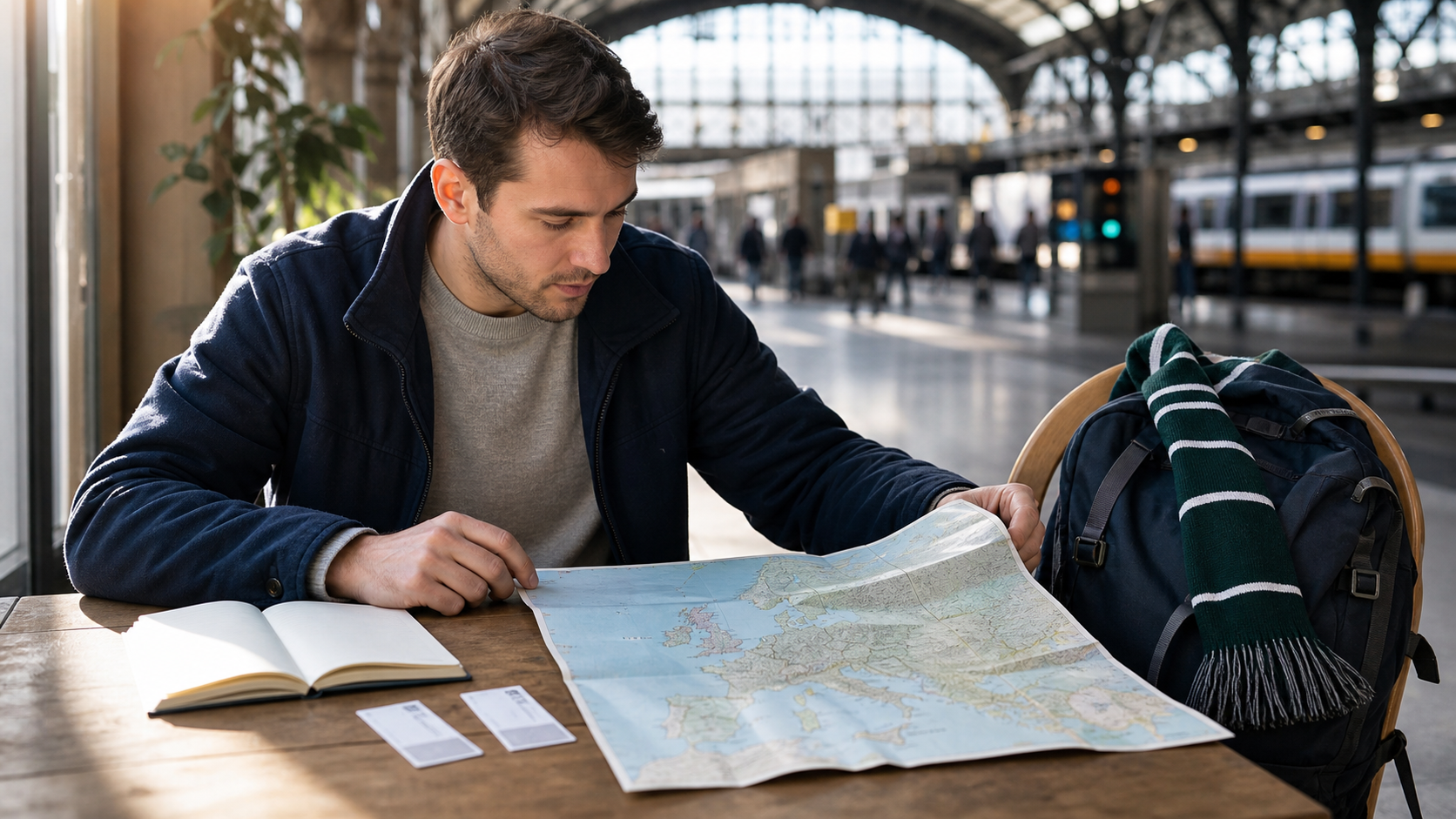 Groundhopping passport and stadium checklist arranged beside a route map