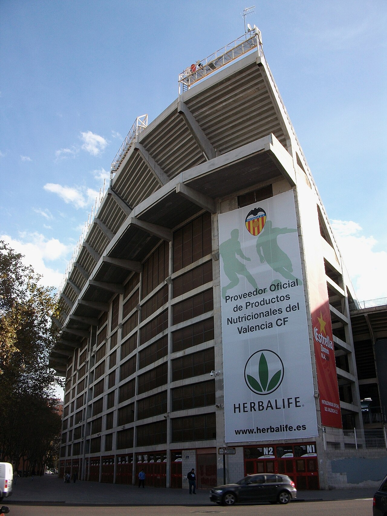 Mestalla exterior showing its steep grandstand in Valencia