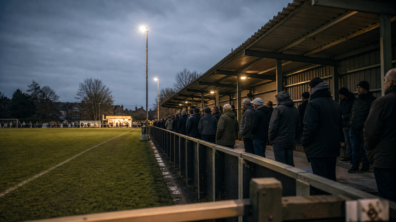 Supporters arriving at a compact English football ground in the evening