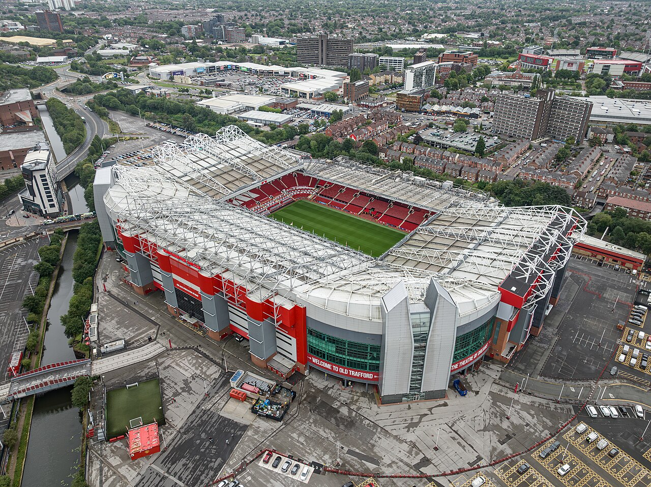 Old Trafford exterior and stands viewed from outside the stadium
