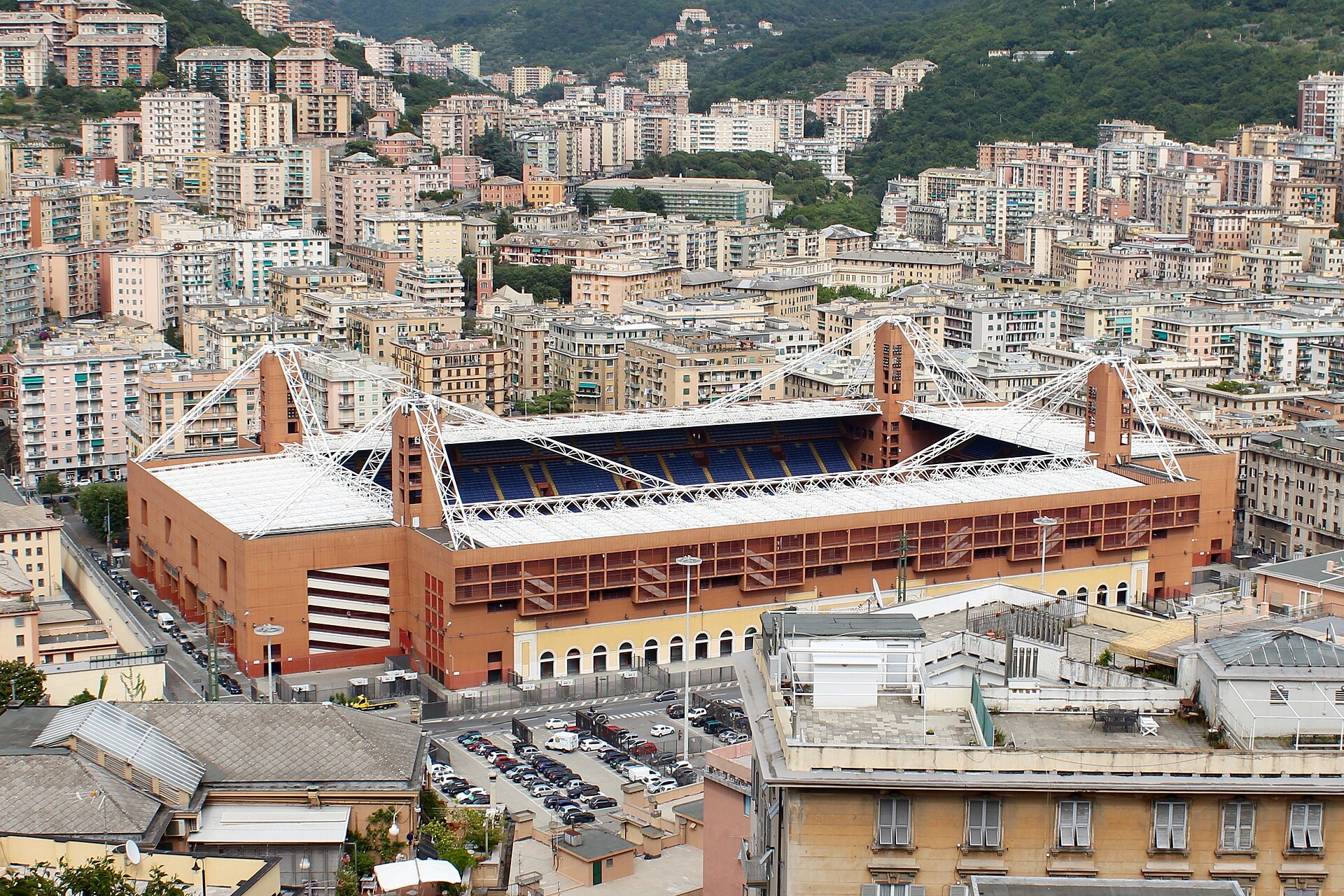 Stadio Luigi Ferraris set among the Marassi neighbourhood and Genoa hills