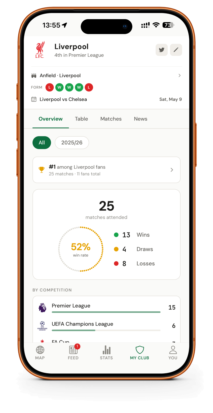 Footbeen My Club — stats and history for your favourite football team