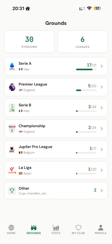 Lista de estadios en Footbeen — progreso por liga y país