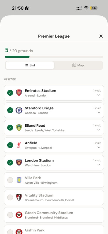 Premier League grounds — league-completion view for groundhoppers chasing the 92 Club