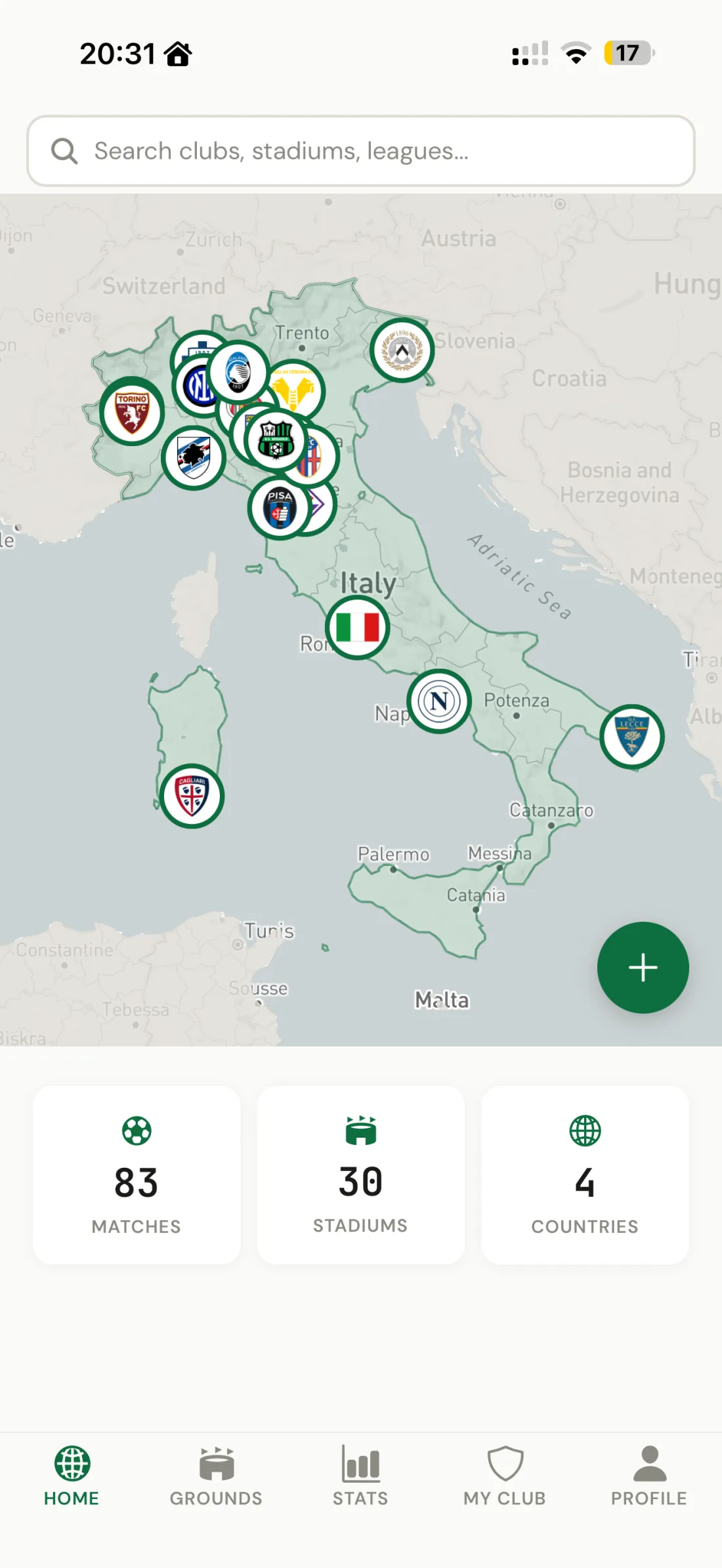 Footbeen stadium map with visited football grounds