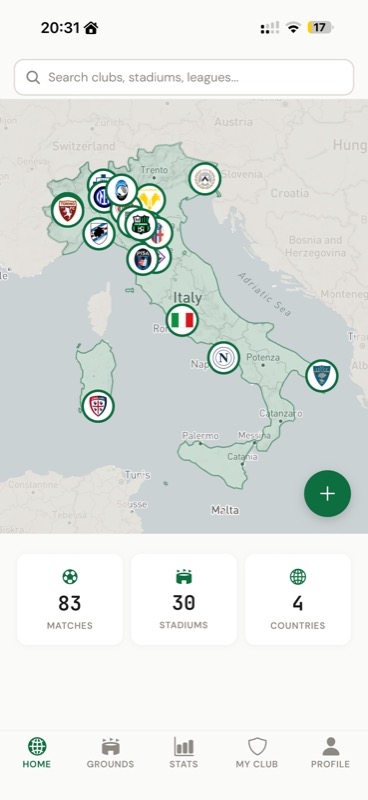 Groundhopper's stadium map — every football ground you've visited, plotted on a personal map