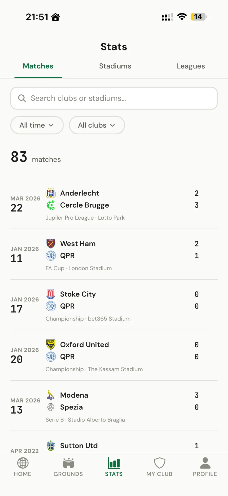Footbeen personal football stats screen