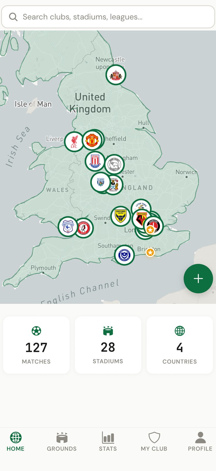 Mapa real de un usuario de Footbeen mostrando partidos asistidos en Reino Unido y Europa