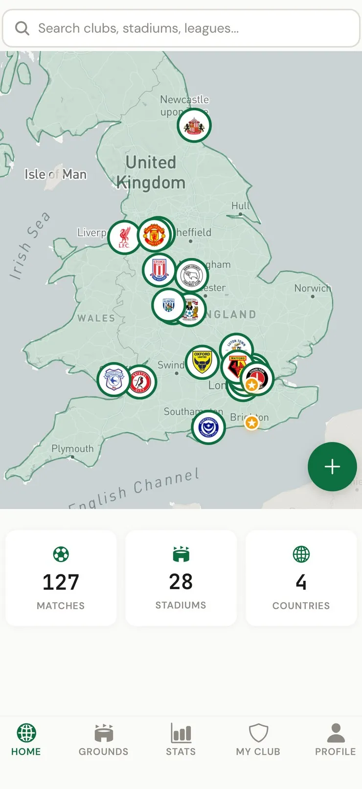 A Footbeen personal football map showing visited stadiums