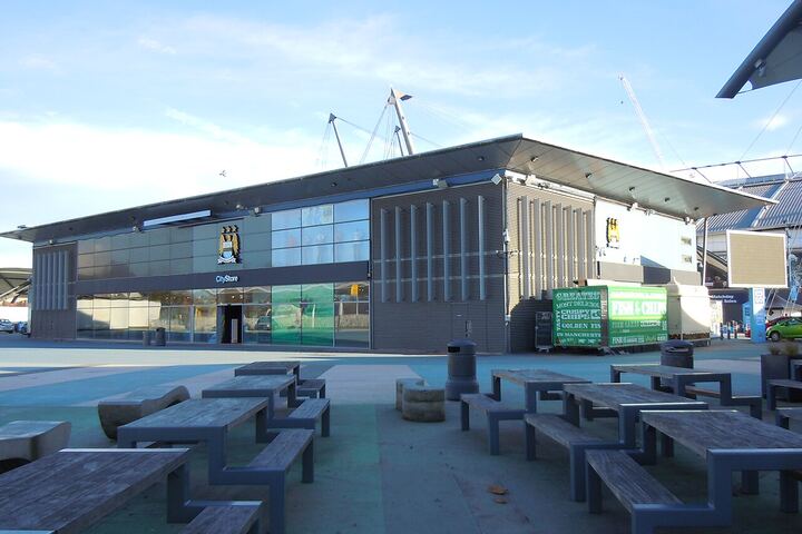Etihad Stadium in Manchester viewed from Ashton New Road